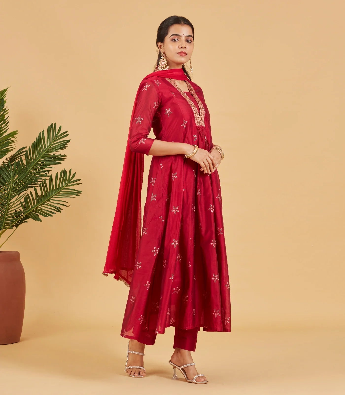 Magenta Red  Festive Kurta Set With Matching Dupatta