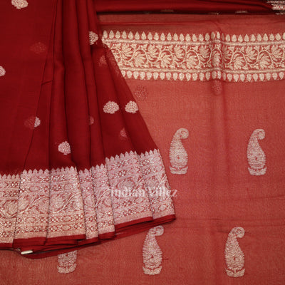 Maroon Red Pure Khaddi Chiffon Banarasi Saree