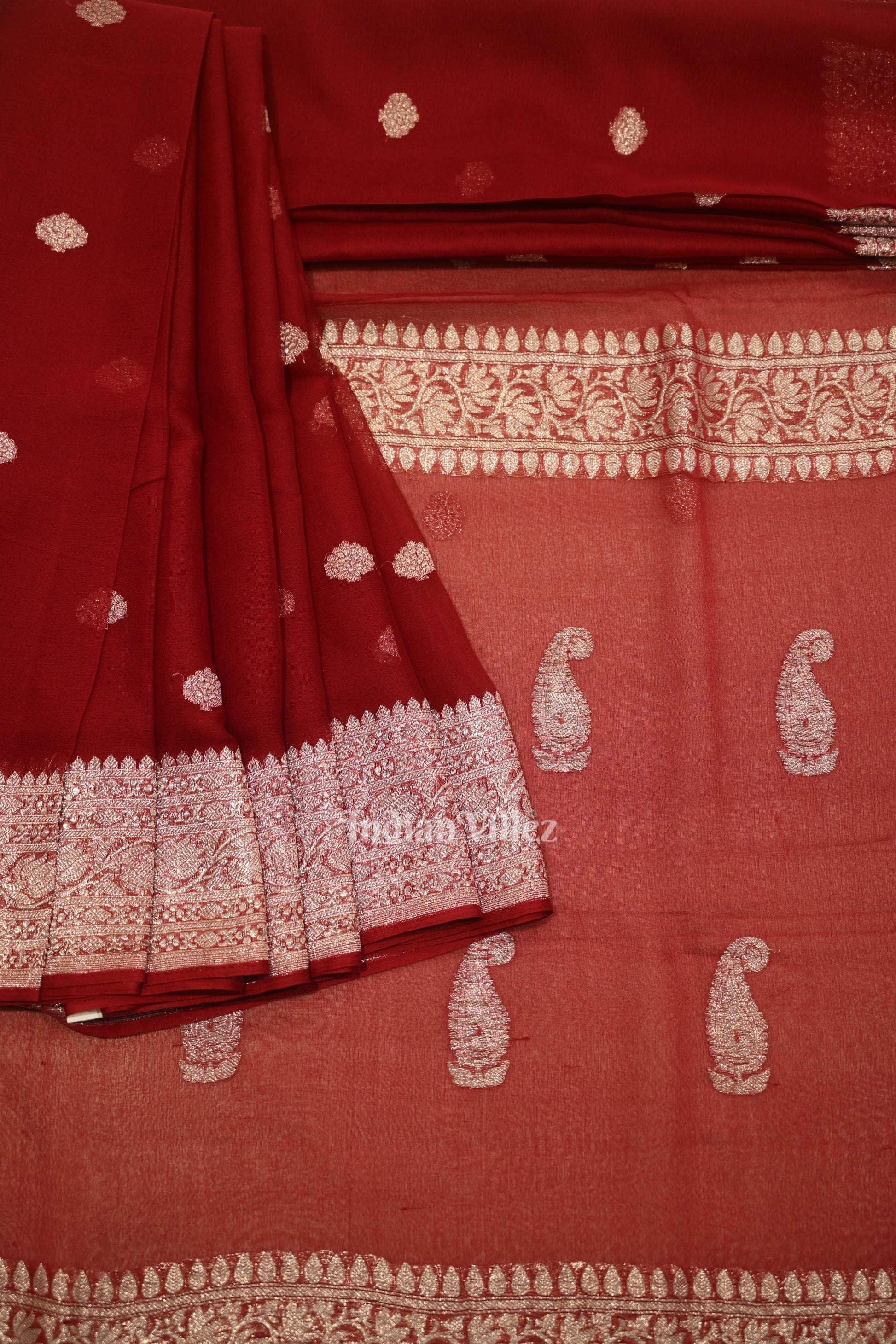 Maroon Red Pure Khaddi Chiffon Banarasi Saree