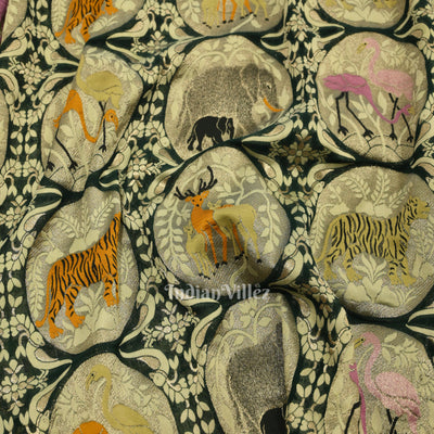 Dark Green Shikargah Theme Banarasi Khaddi Georgette Saree