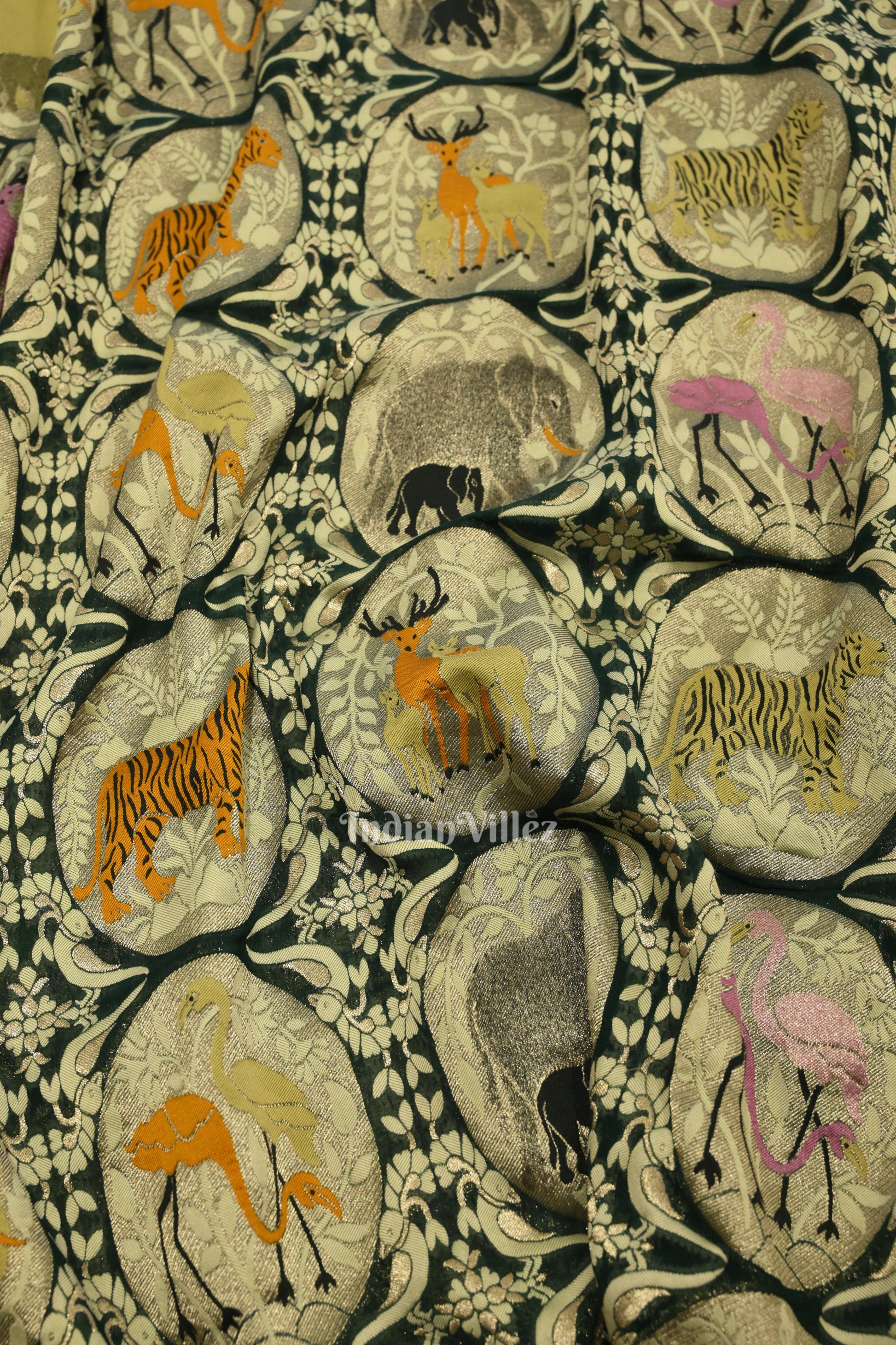 Dark Green Shikargah Theme Banarasi Khaddi Georgette Saree