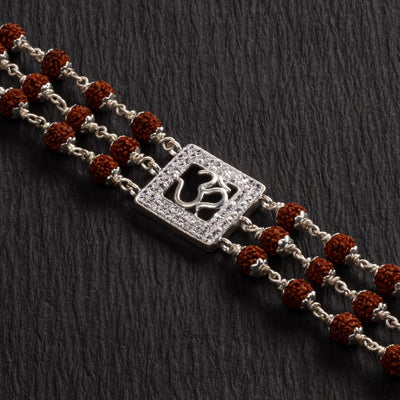 Rudraksha Silver Om in Square Triple Line Bracelet