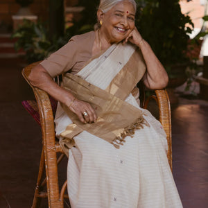 White Handloom Village Cotton Saree With Cross buttas in Red and Black
