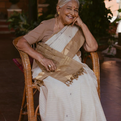 White Handloom Village Cotton Saree With Cross buttas in Red and Black