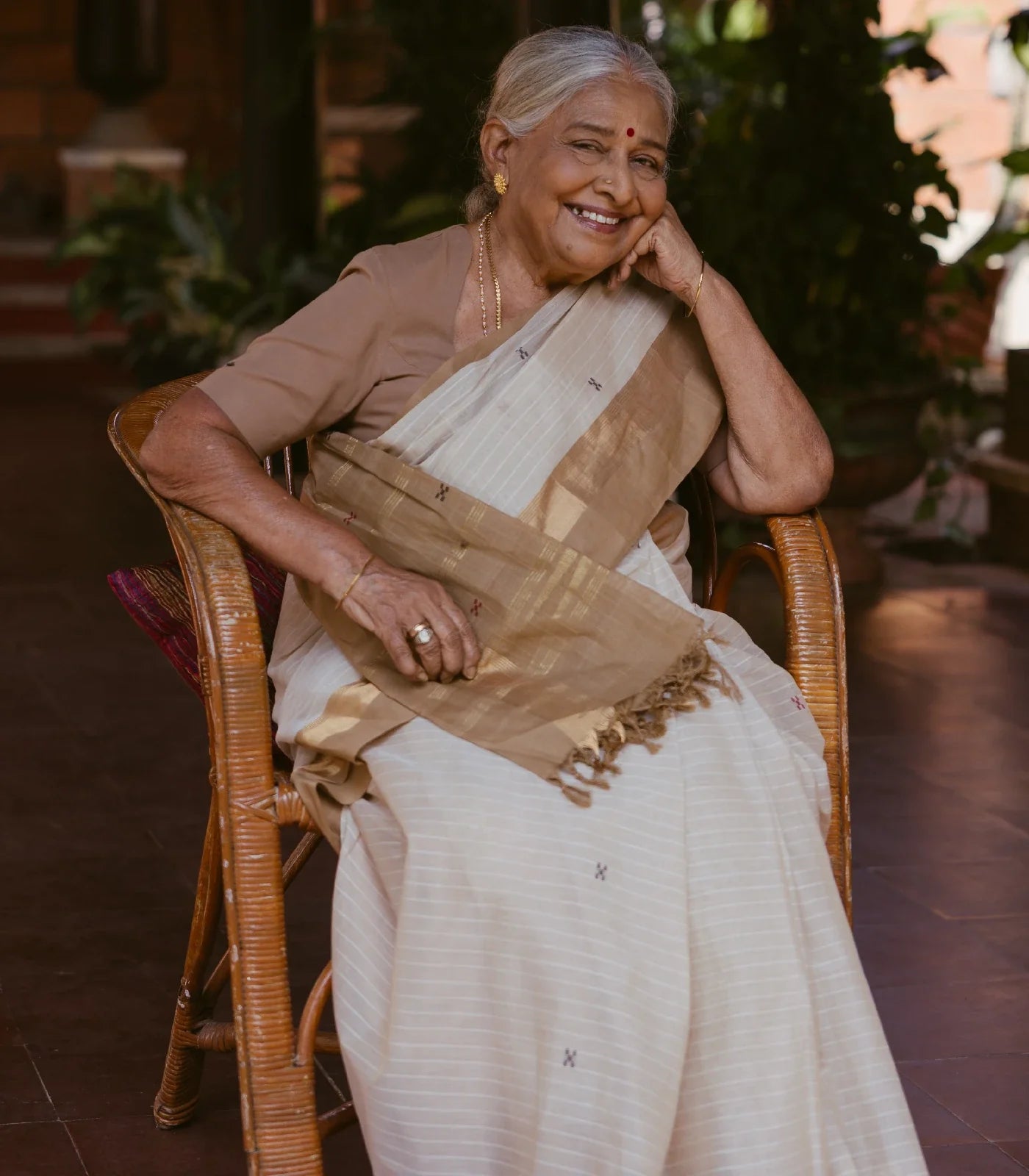 White Handloom Village Cotton Saree With Cross buttas in Red and Black