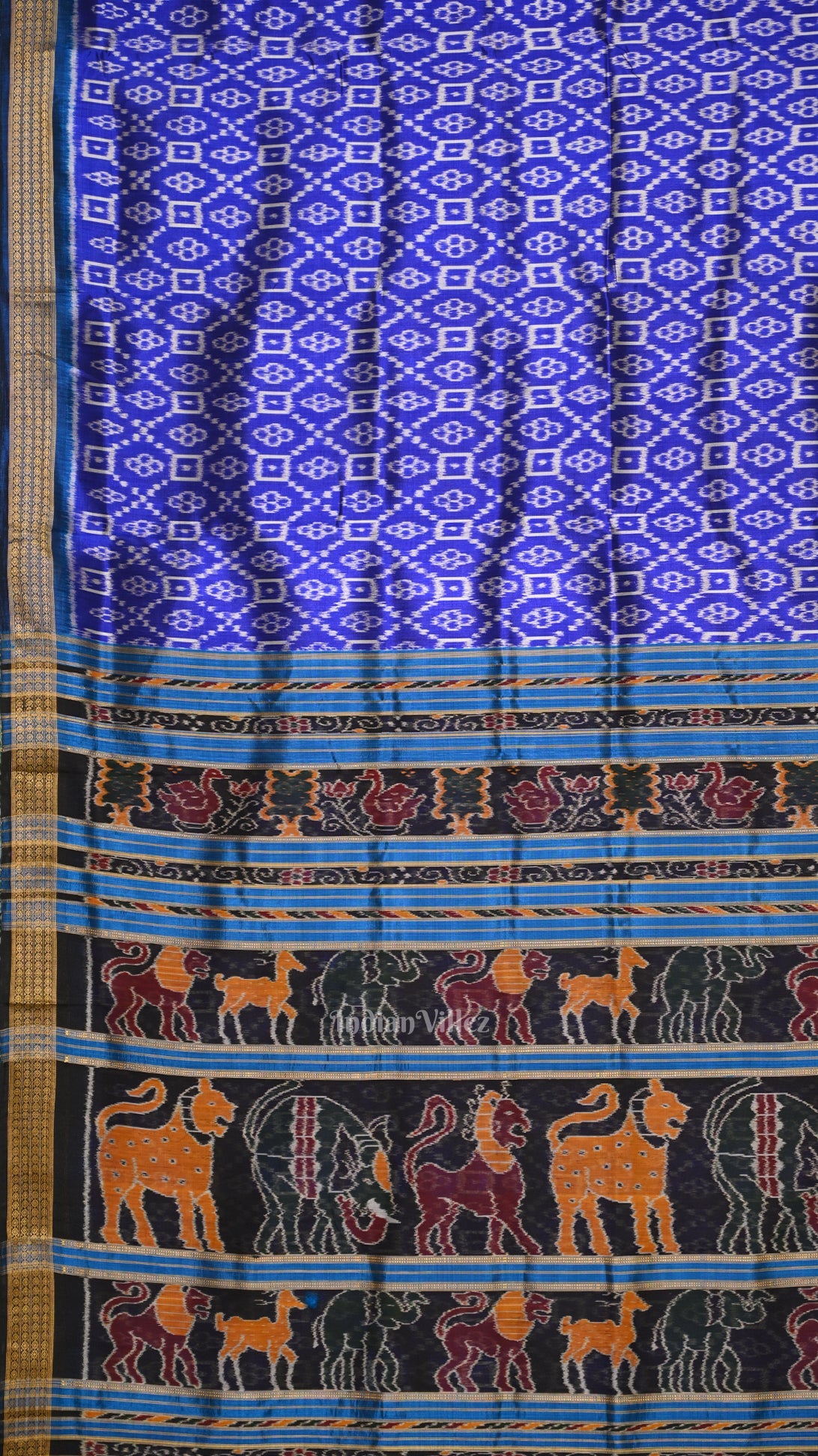 Indigo Blue Floral Odisha Ikat Khandua Silk Saree with Jungle Anchal