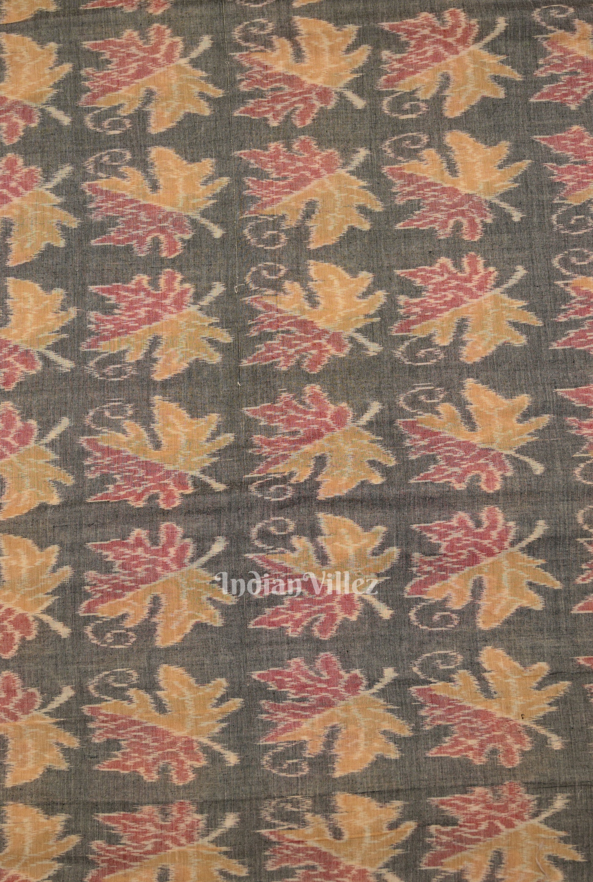 Ash Gray Autumn Leaves Sambalpuri Odisha Ikat Cotton Fabric