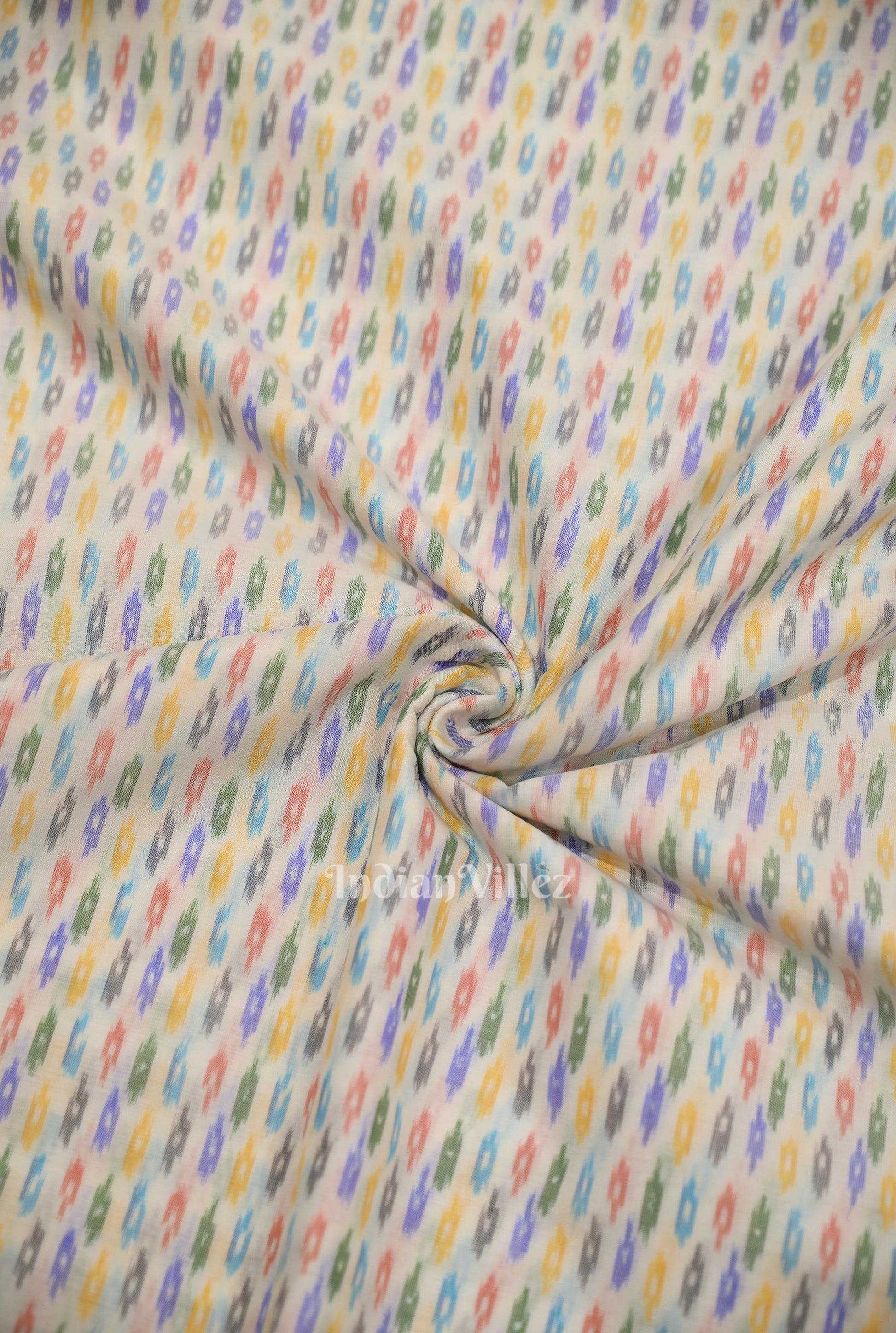 White with Multi Color Pochampally Ikat Silk & Cotton (Sico) Fabric