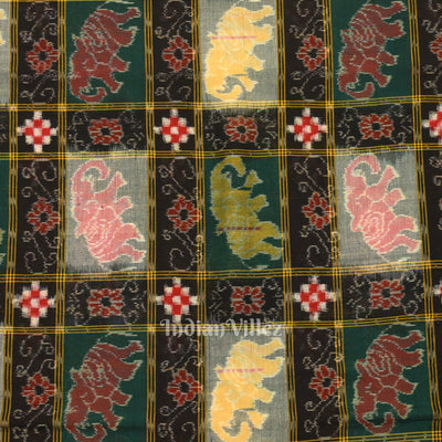 Black Jungle Theme Sambalpuri Ikat Cotton Fabric