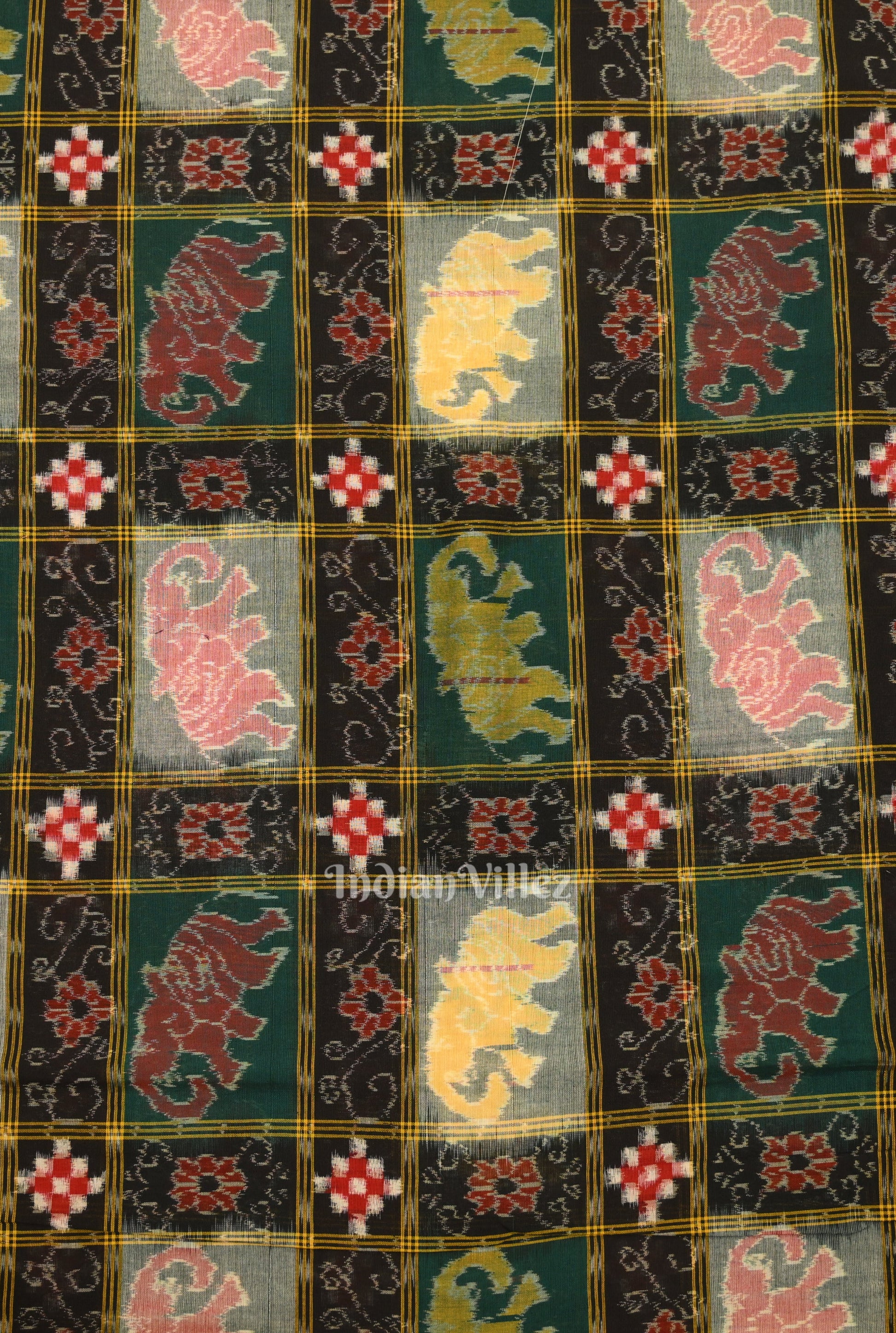 Black Jungle Theme Sambalpuri Ikat Cotton Fabric