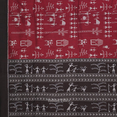 Maroon Black Tribal Theme Odisha Ikat Sambalpuri Cotton Saree