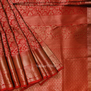 Cherry Red pure Kanjivaram Silk Saree with  Zari Brocade