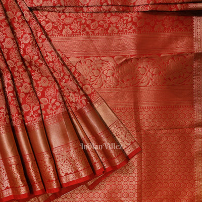 Cherry Red pure Kanjivaram Silk Saree with  Zari Brocade