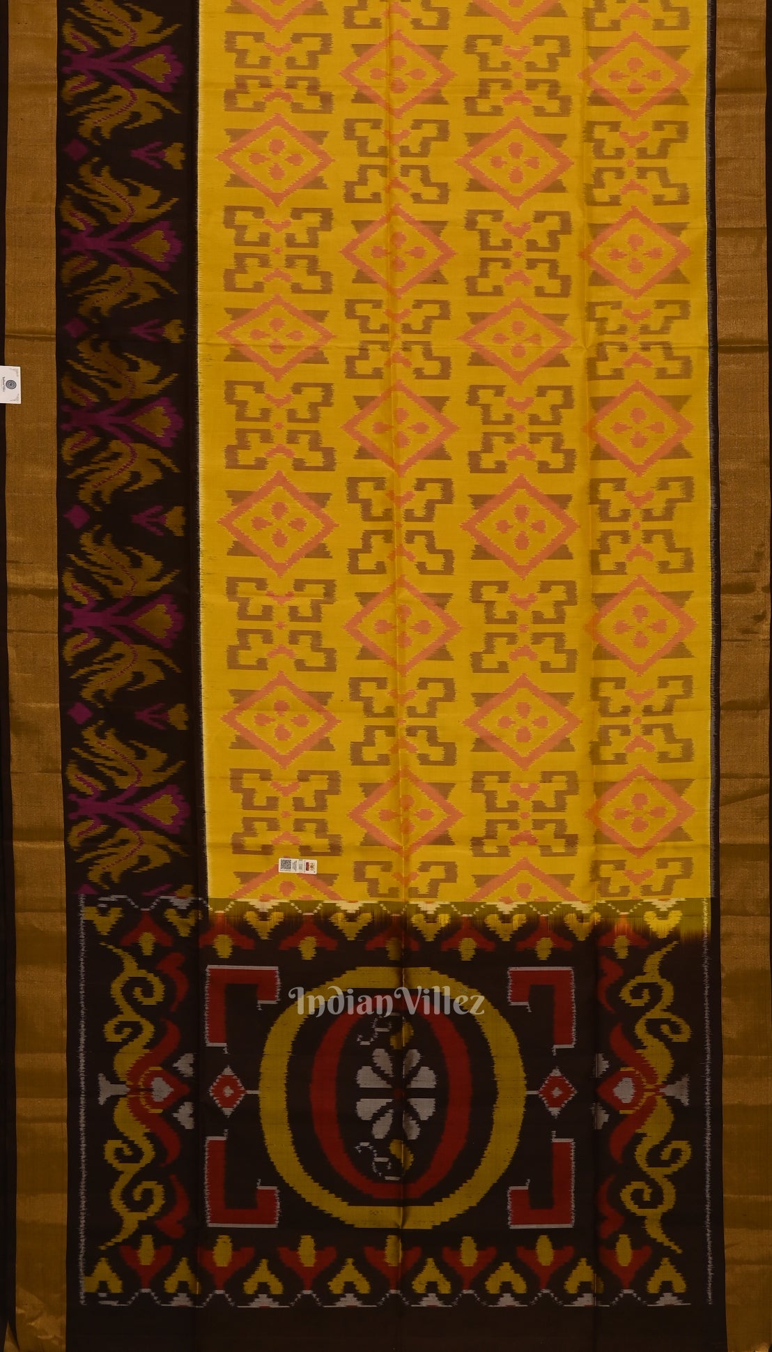 Yellow with Coffee  Handloom Pochampally Ikat Silk Saree