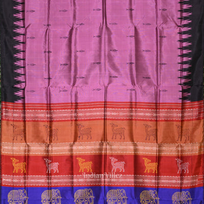 Onion Pink Black with Fish Motif Double Pallu Berhampuri Silk Saree