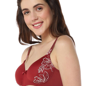 Floral Chic Padded Non-Wired Bra - Red Berry & Sepia Rose