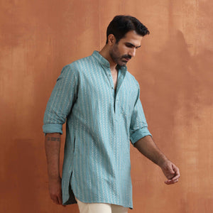 trueBrowns Men's Green Cotton Dobby Short Kurta