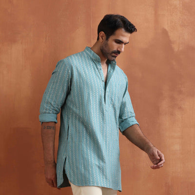 trueBrowns Men's Green Cotton Dobby Short Kurta
