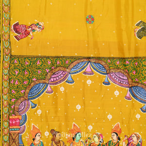 Yellow Ramayan Theme Hand-Painted Pattachitra Saree