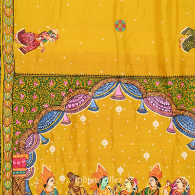 Yellow Ramayan Theme Hand-Painted Pattachitra Saree