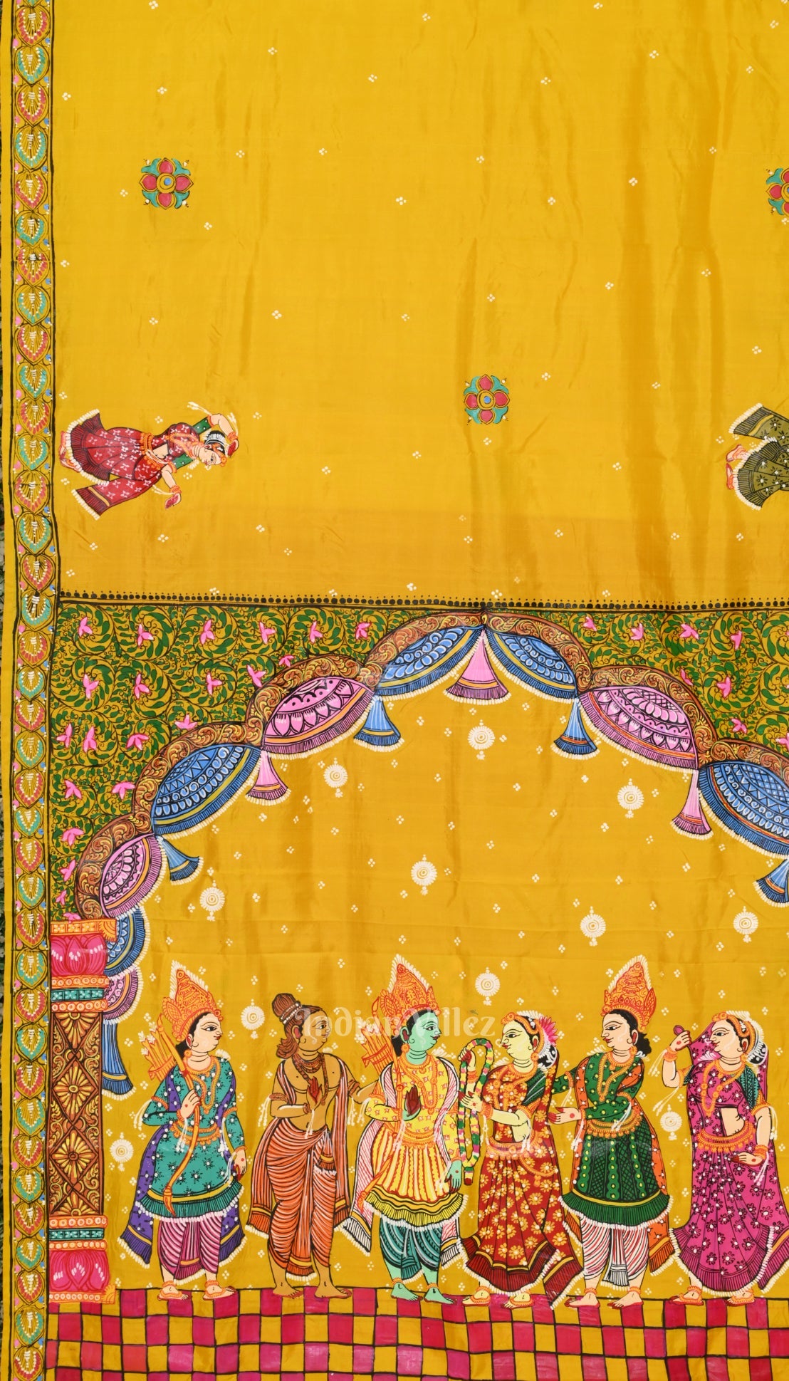Yellow Ramayan Theme Hand-Painted Pattachitra Saree