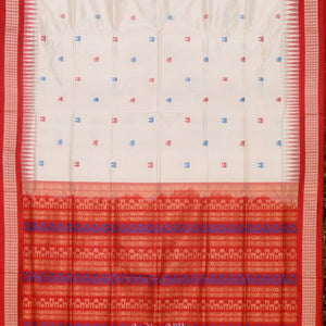 White Red Laxmi Pada Jhoti Design Bomkai  Sambalpuri Silk Saree