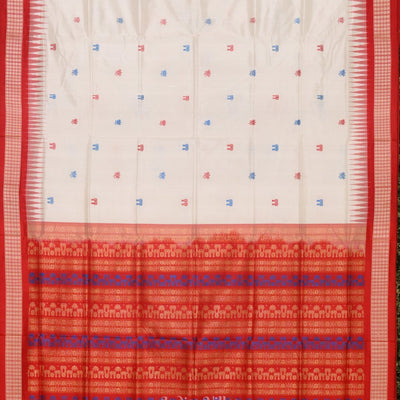 White Red Laxmi Pada Jhoti Design Bomkai  Sambalpuri Silk Saree