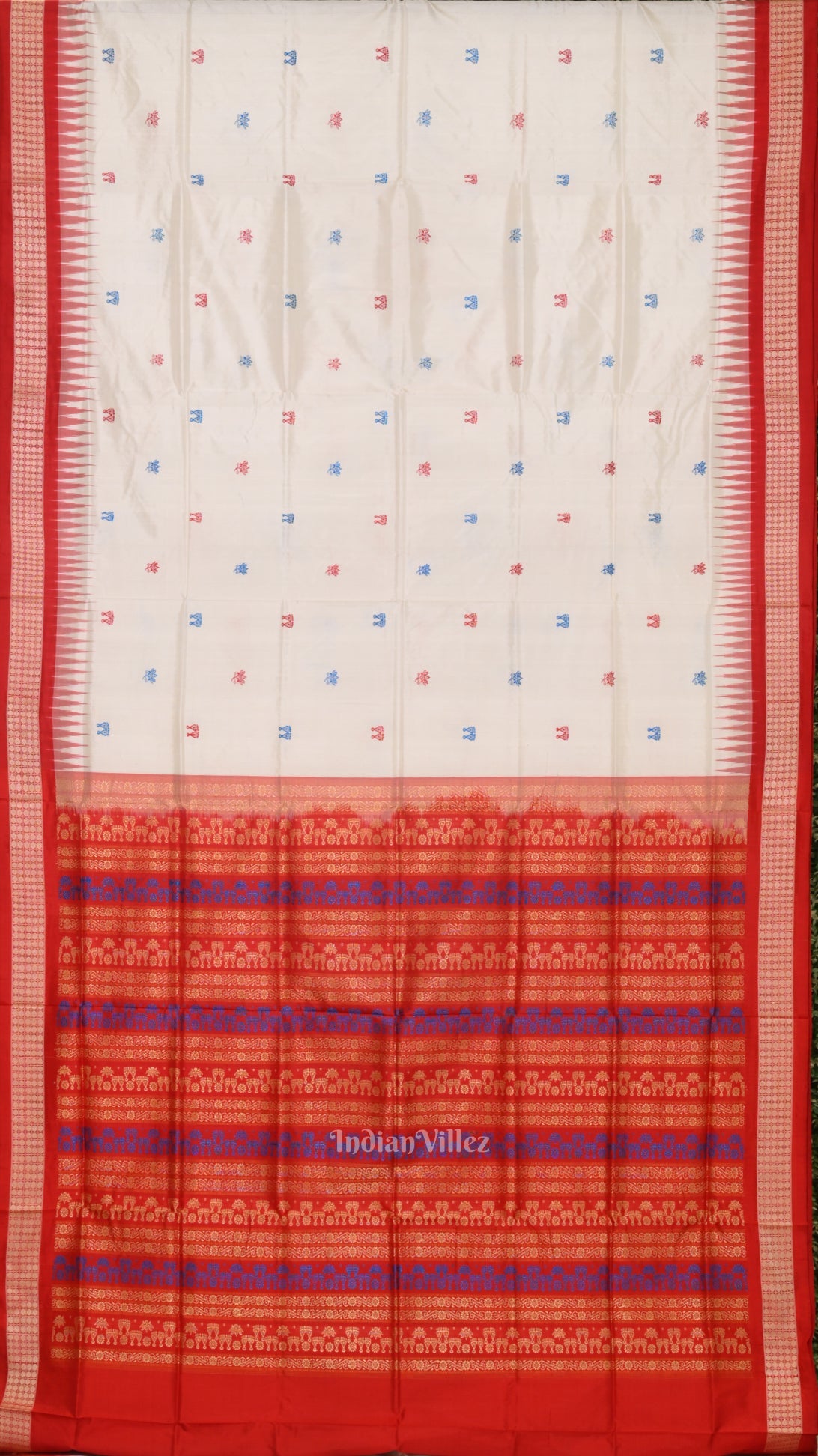 White Red Laxmi Pada Jhoti Design Bomkai  Sambalpuri Silk Saree