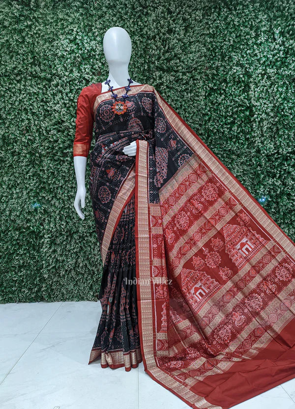 Black Maroon Konark Theme Odisha Ikat Sambalpuri Silk Saree