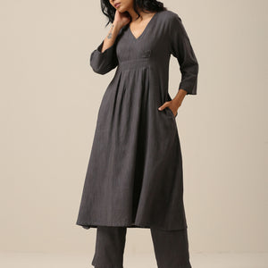 Slate Grey Slub Texture Overlap Pleat Kurta Pant Set | Relove
