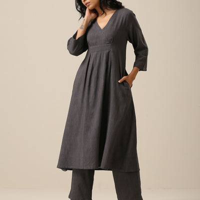 Slate Grey Slub Texture Overlap Pleat Kurta Pant Set | Relove