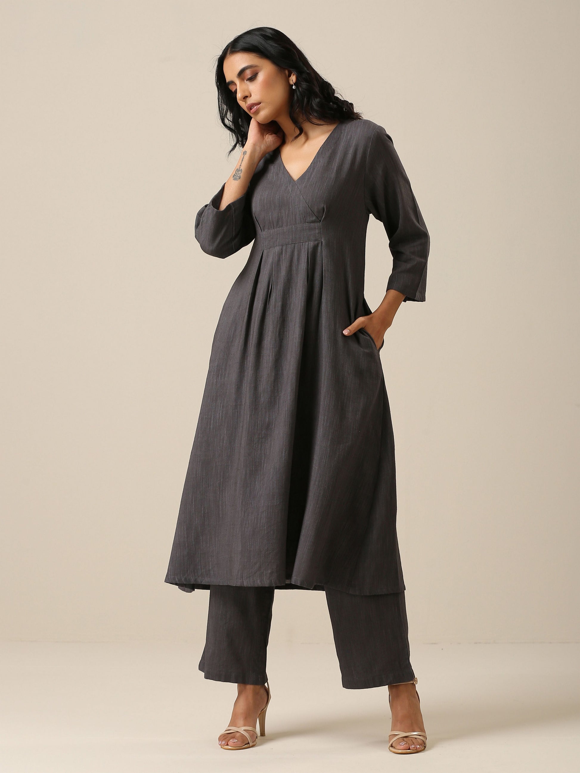 Slate Grey Slub Texture Overlap Pleat Kurta Pant Set | Relove