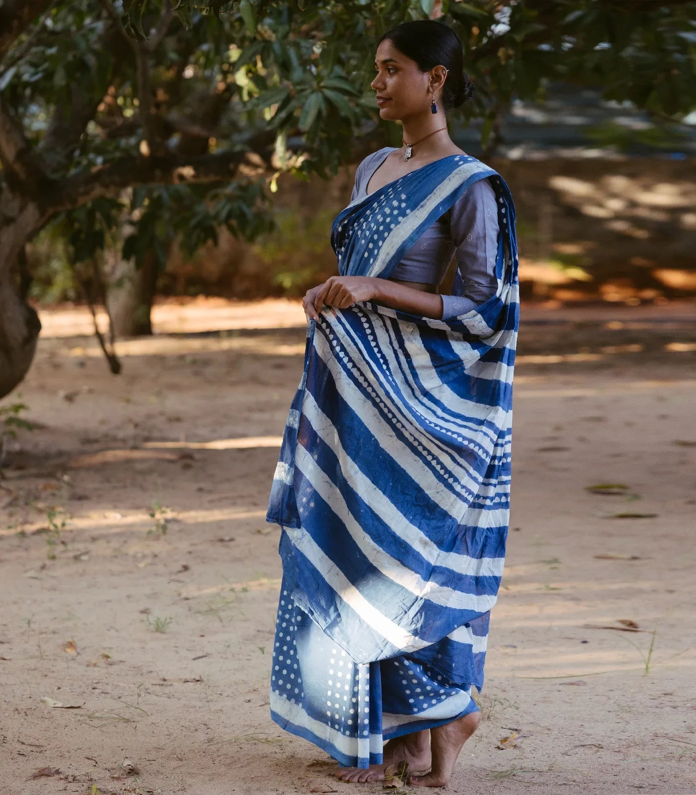 Indigo Jaipur Cotton Saree With With small printed polka dots across the saree