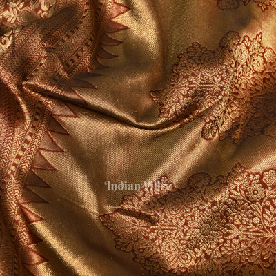 Dark Maroon Pure Brocade with Golden Broder  Bridal Kanjivaram Silk Saree
