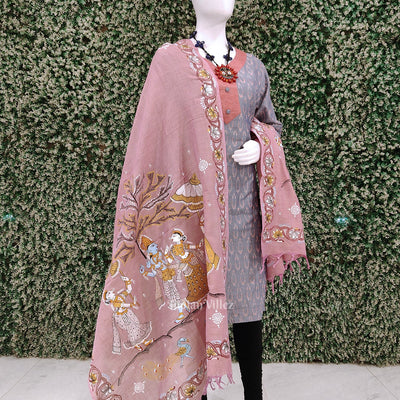 Pink Radha Krishna Raasleela Tussar Pattachitra Dupatta