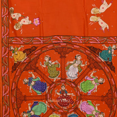 Orange Konark Chakra Nartaki Hand-Painted Pattachitra Saree