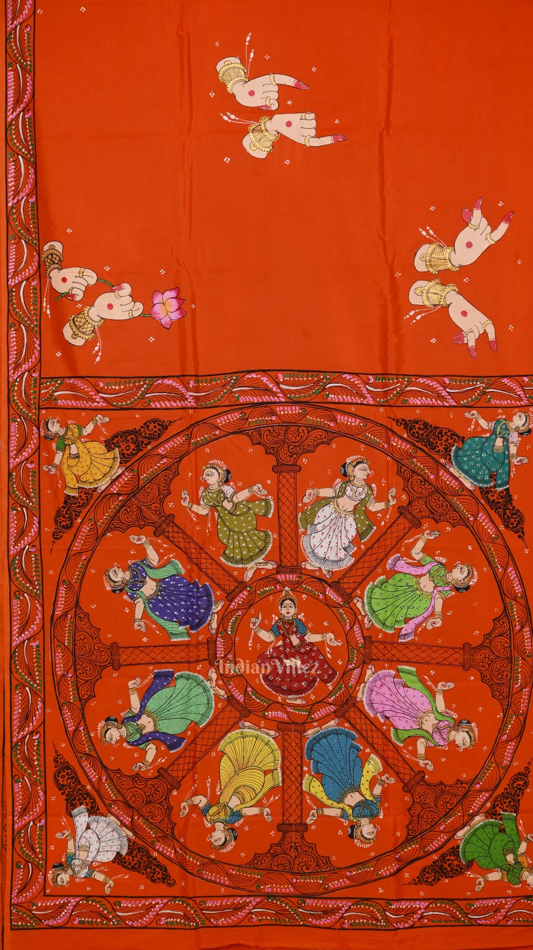 Orange Konark Chakra Nartaki Hand-Painted Pattachitra Saree