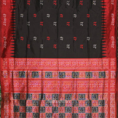 Dark Black Red Tribal Theme Bomkai Sambalpuri Silk saree