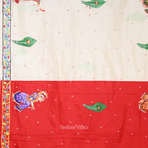 Red White Radha Krishna  Peacock Design Hand-Painted Pattachitra Saree
