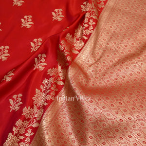 Deep Red Pure Soft Mashru Satin Silk Banarasi Saree