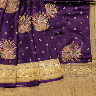 Violet with Golden Border Mashru Satin Silk Banarasi Saree