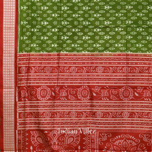 Dark Green With Red Anchal Tribal Theme Sambalpuri Silk Saree