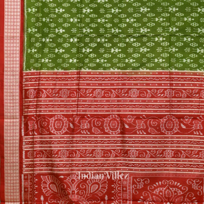 Dark Green With Red Anchal Tribal Theme Sambalpuri Silk Saree