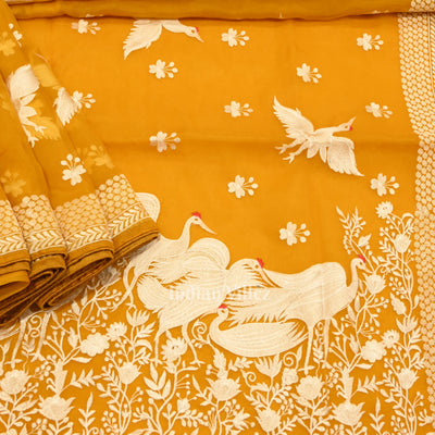Mustard Yellow Parsi Gara Floral Motif Hand Embroidered Saree