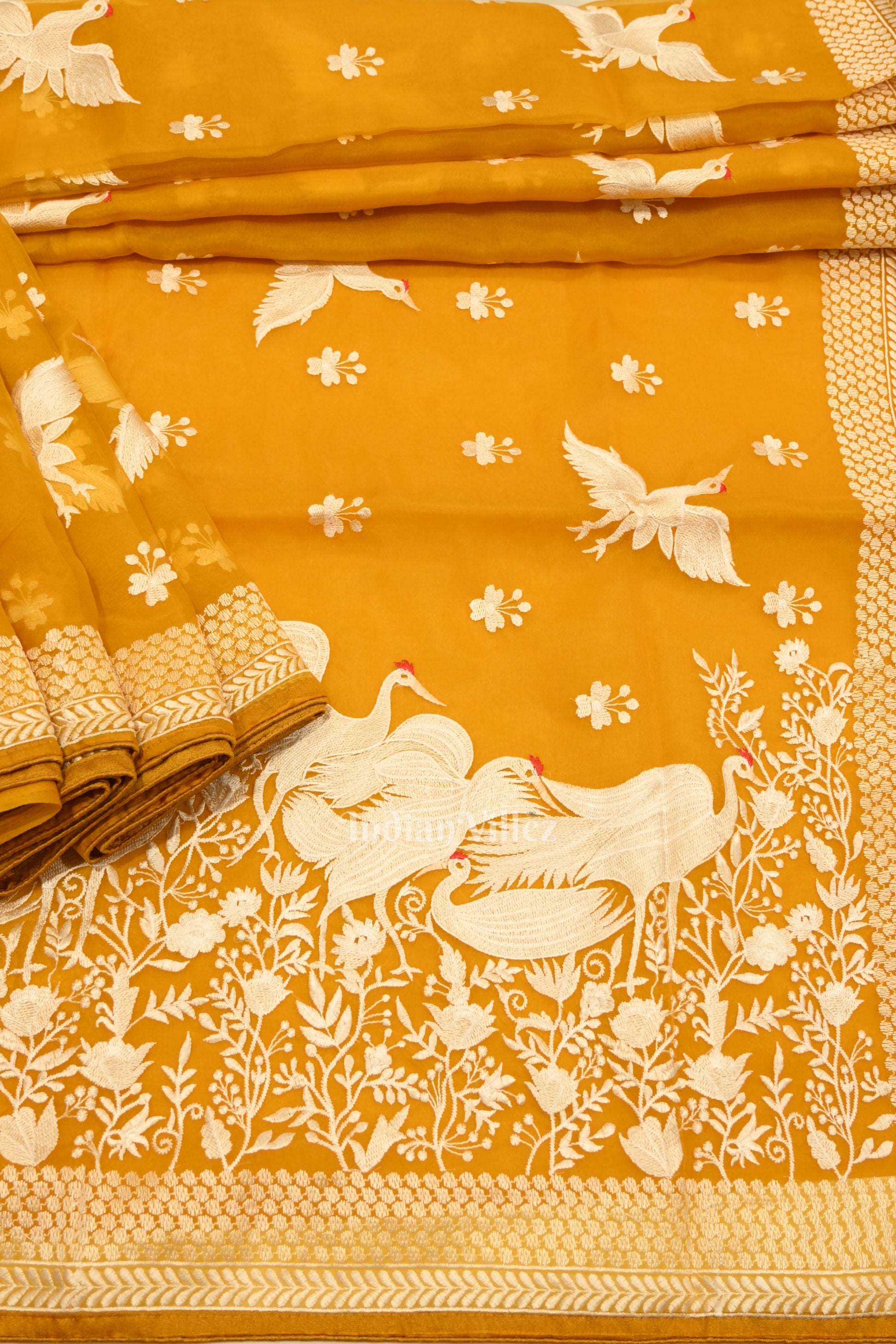 Mustard Yellow Parsi Gara Floral Motif Hand Embroidered Saree
