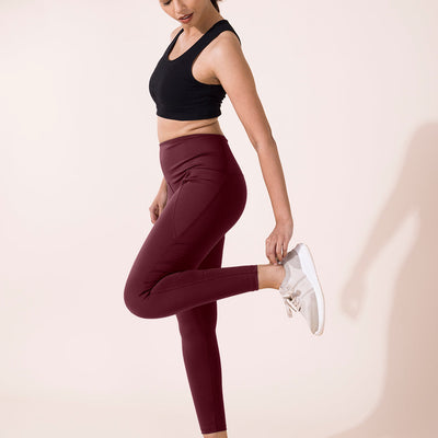 Women Solid Maroon Nylon Fitness Tights