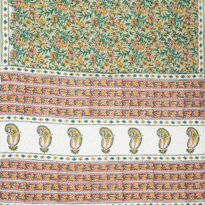 Light Green Woven Jaipur Cotton Saree With Yellow Printed Floral Motifs