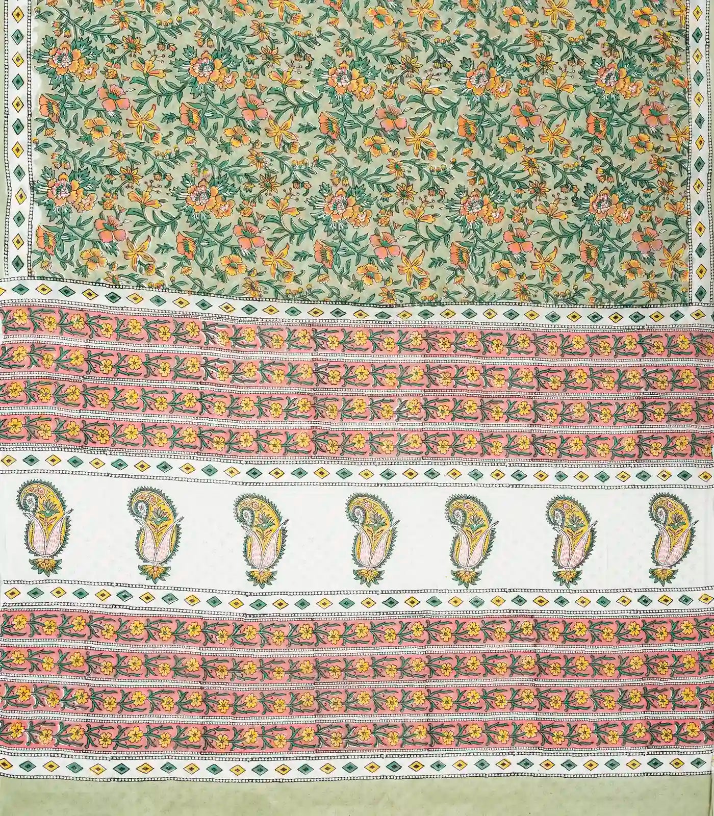 Light Green Woven Jaipur Cotton Saree With Yellow Printed Floral Motifs
