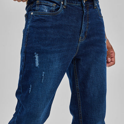Dark Blue Distressed Regular Fit Jeans