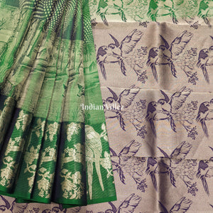 Bottle Green Forest Theme Pure Kanchipuram Silk Saree